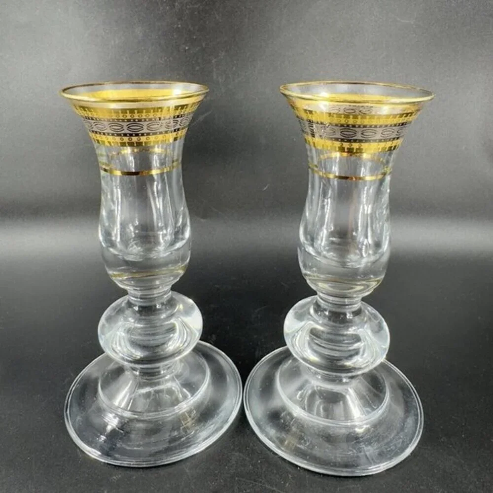 Vintage Glass Candlestick Holder Set 2 Clear Crystal With Gold Painted Decor Top